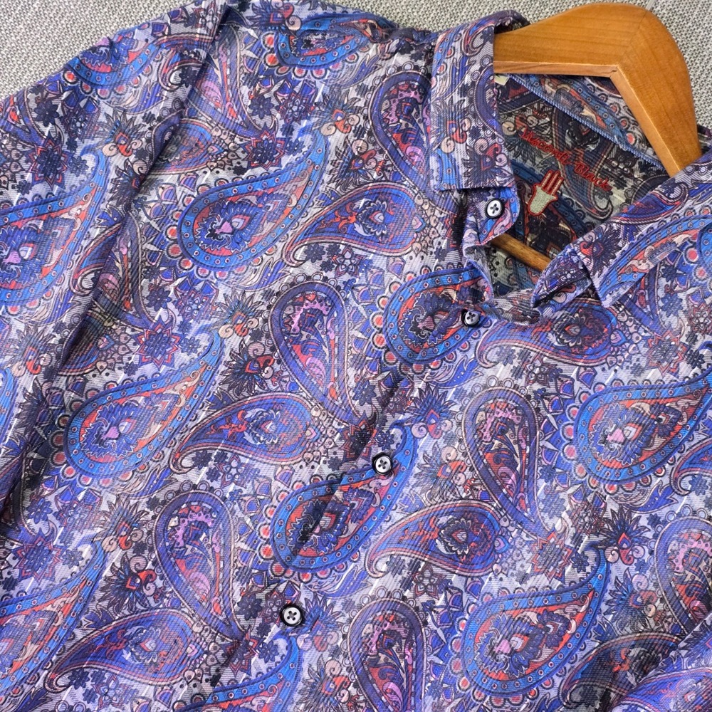 Luchiano Visconti Black Shirt Mens L Paisley Blue Button-Up Psychedelic Bohemian